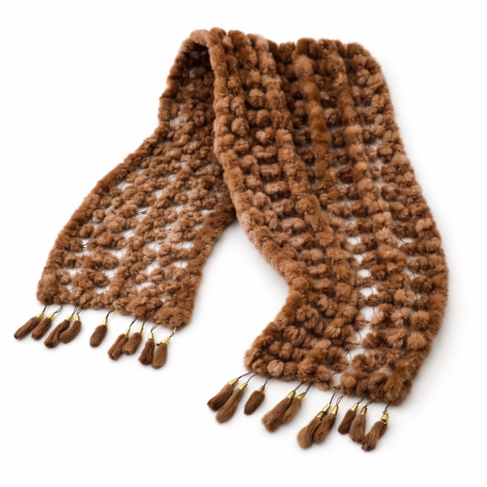 Vintage Knit Mink Fur Scarf Pom Pom Tassels Brown 53”